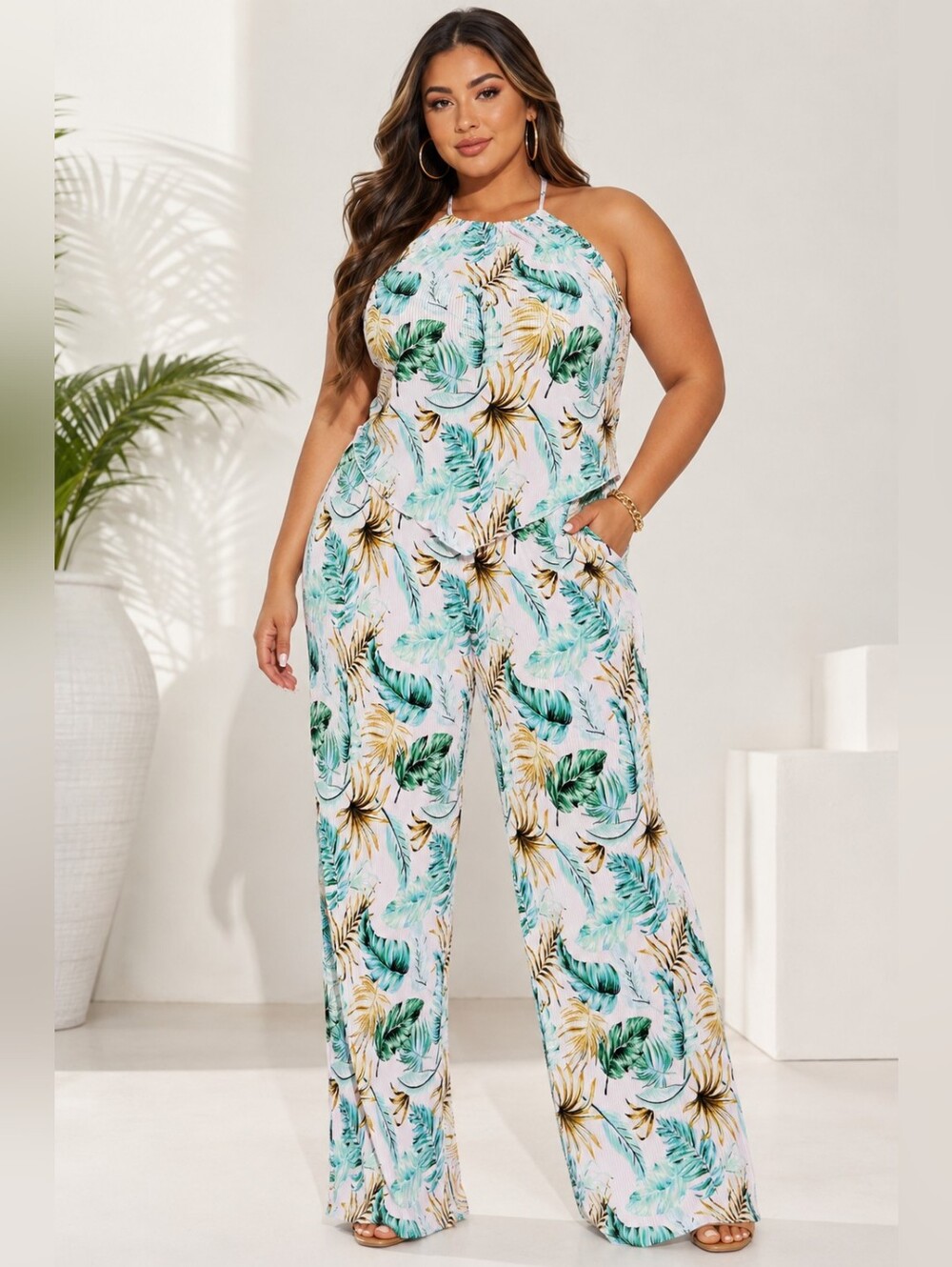 Fashion Nova Tropical Plisse Pant Set NWT Pink Leaf Wide Leg 2 Pc Matching Set